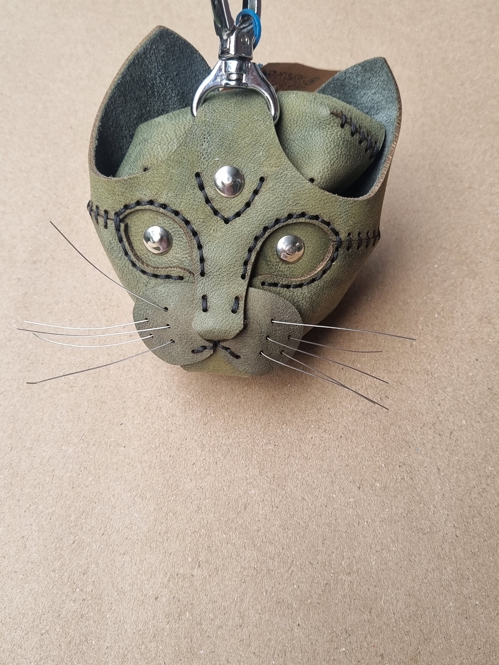 Handcrafted Green Cat Keychain, Coins, Airpod Leather Charm Bag